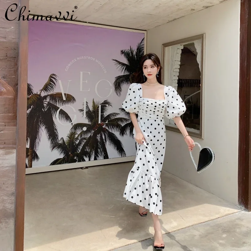 

White Dotted Prints Puff Sleeve Dresses for Women Retro Square Collar Dream Court Dress 2021 Slim Temperament Summer Dresses