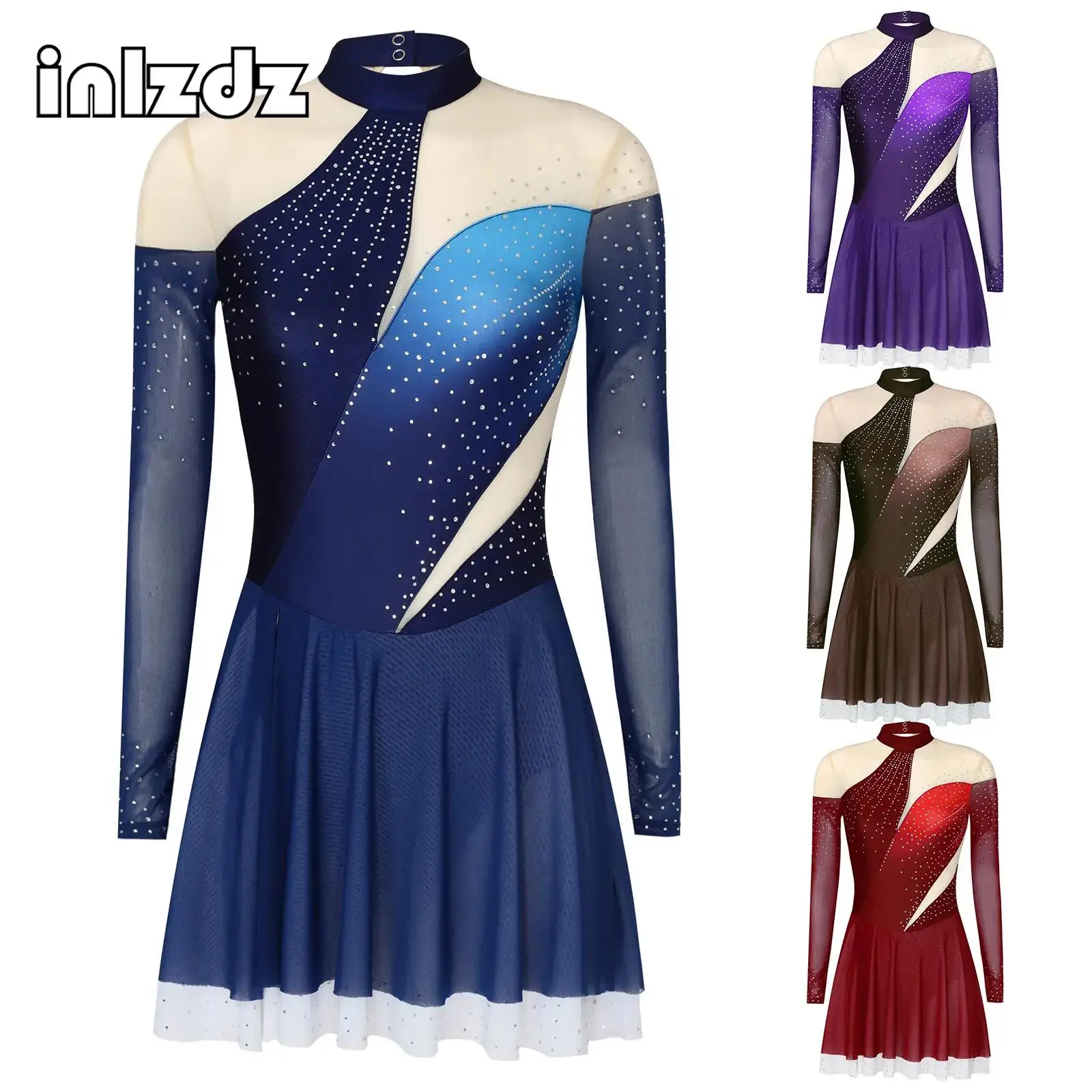 

Women Rhinestones Mesh Figure Skating Costumes Gradient Color Long Sleeve Back Cut Built-In Crotch Buttons Briefs Ruffled Dress