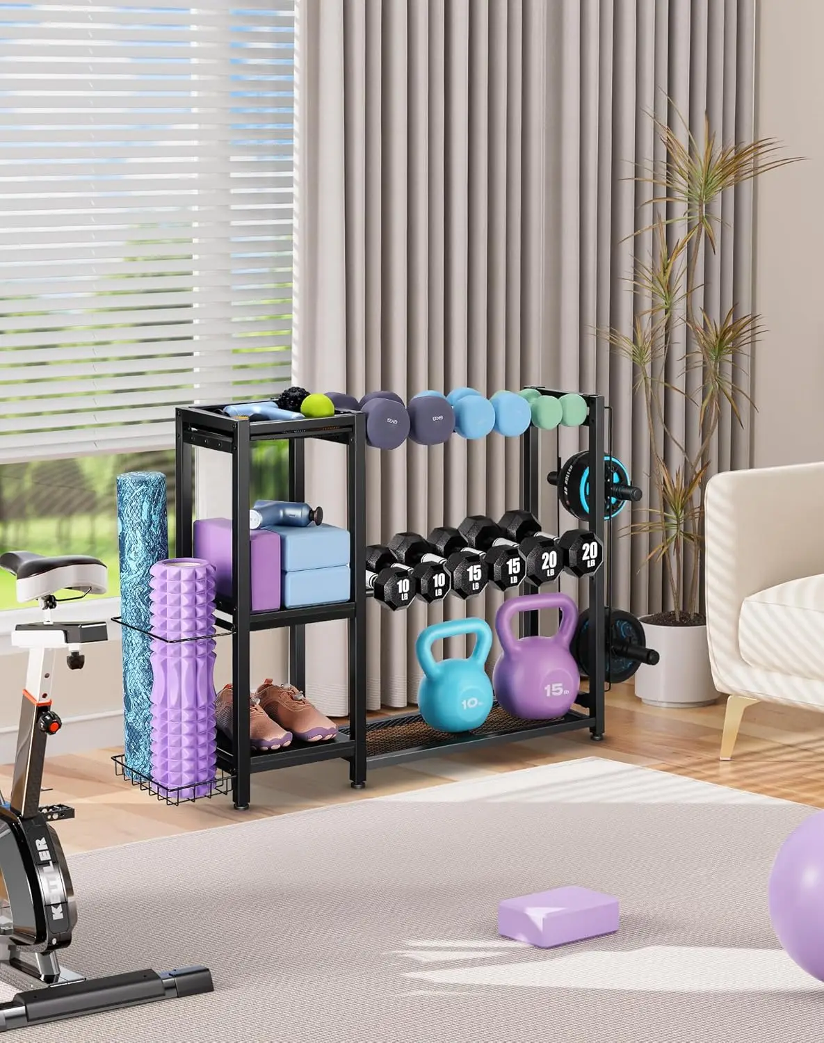 Home Gym Application, Steel Construction, Silver Color, Adjustable 3-Tier Dumbbell Rack with Hooks