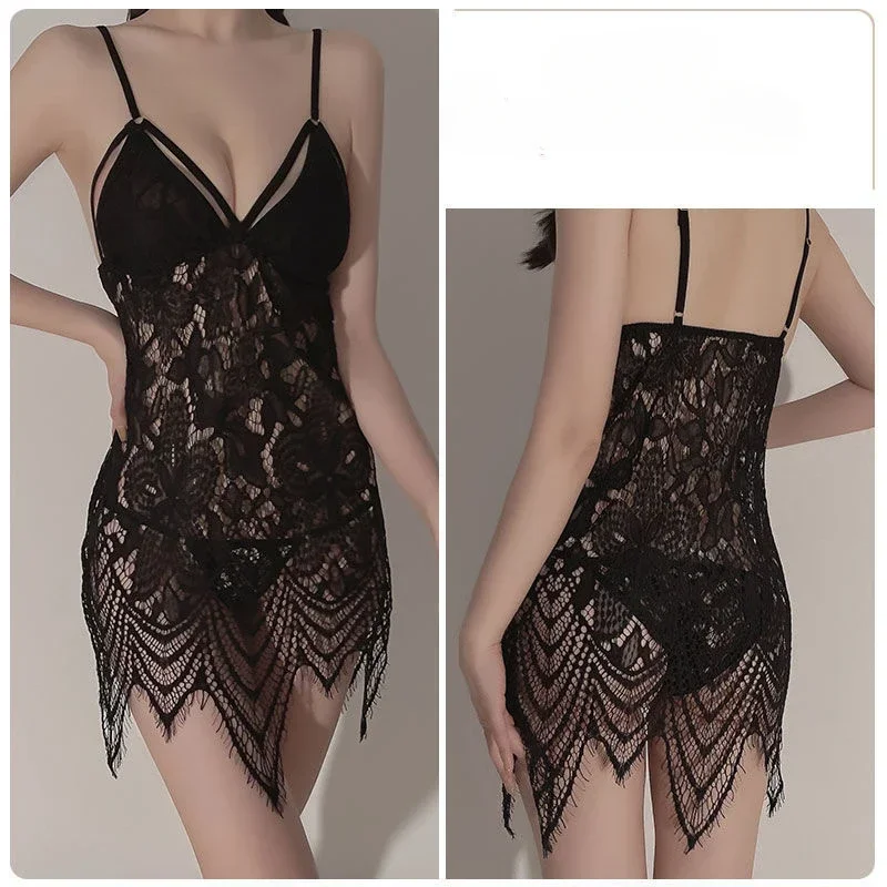 

Сексуальные ночные рубашки, товары для взрослых, костюм, корсет, нижнее белье, кружевное прозрачное бохо-шикарное пижамное платье с лямкой на шее и вырезом, женские трусики, ночная рубашка, комплект из 2 предметов