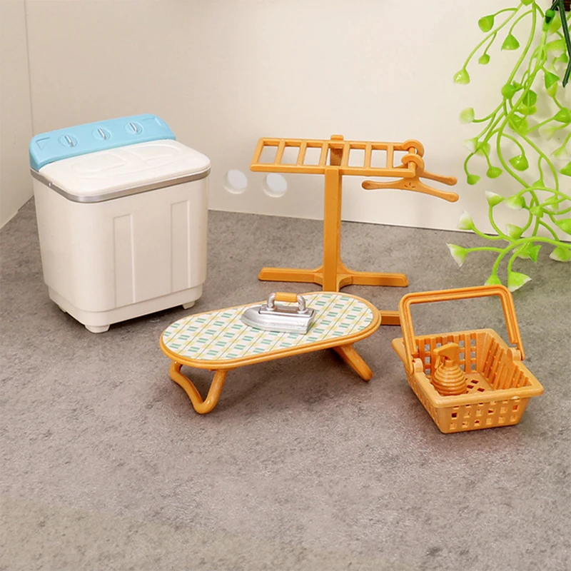 1:12 Dollhouse Miniature Washing Machine Clothes Drying Rack Iron Laundry Set Decor Toy Doll Furniture Kid's Pretend Play Toy