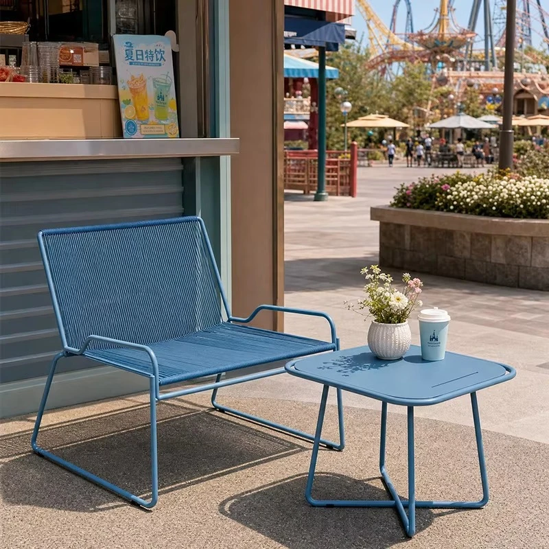 Modern Commercial Outdoor Rope Chair Side Table Set Stainless Steel Frame Hand Woven Rope Leisure Chair for Cafe Bistro Terrace