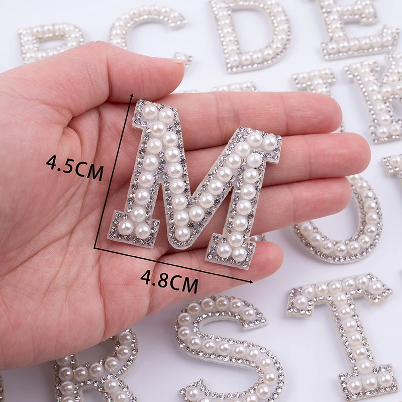 A-Z Black Rhinestone Letter Patches English Alphabet White Pearl Iron-on Patches Applique for Clothes Letter Bags Badge DIY Name