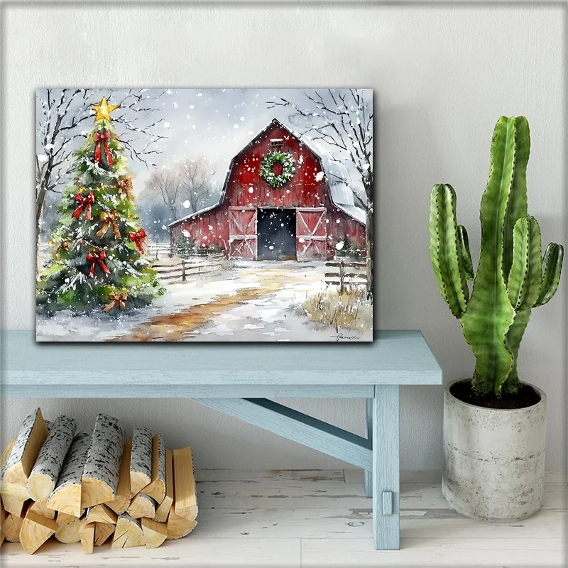 1pc emoldurado rústico natal celeiro pintura em tela sazonal cena de fazenda árvores decorativas e grinaldas decoração para casa