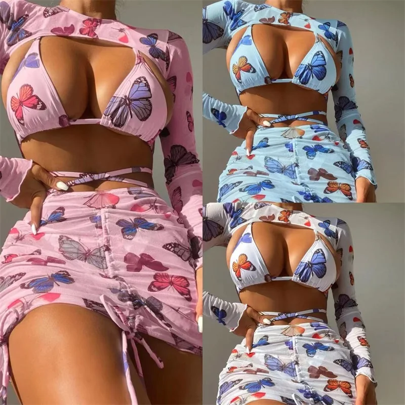 Maiô feminino com mangas completas, biquíni sexy, streetwear gostoso, roupa íntima, vestido curto, férias na praia, 4 peças, verão