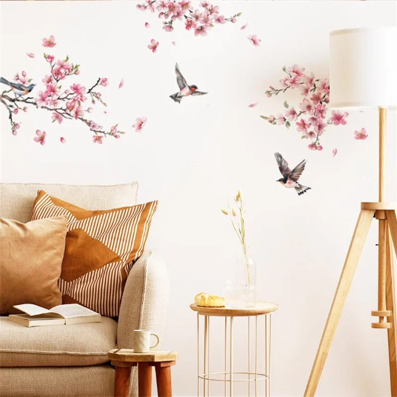 1PCS  Watercolor Birds On The Plum Blossom Branches Flower  Wall Stickers For Bedroom Living Room  Home Decoration Self Adhesive