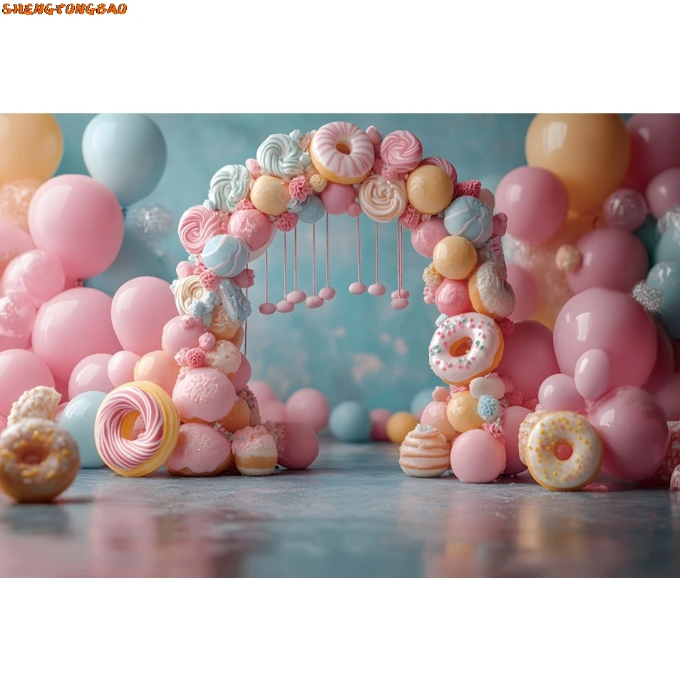 Sweet Dessert Backdrop Donuts Arch Balloons Pink Baby Shower Girls Birthday Party Photography Background Decor Photo Studio Prop