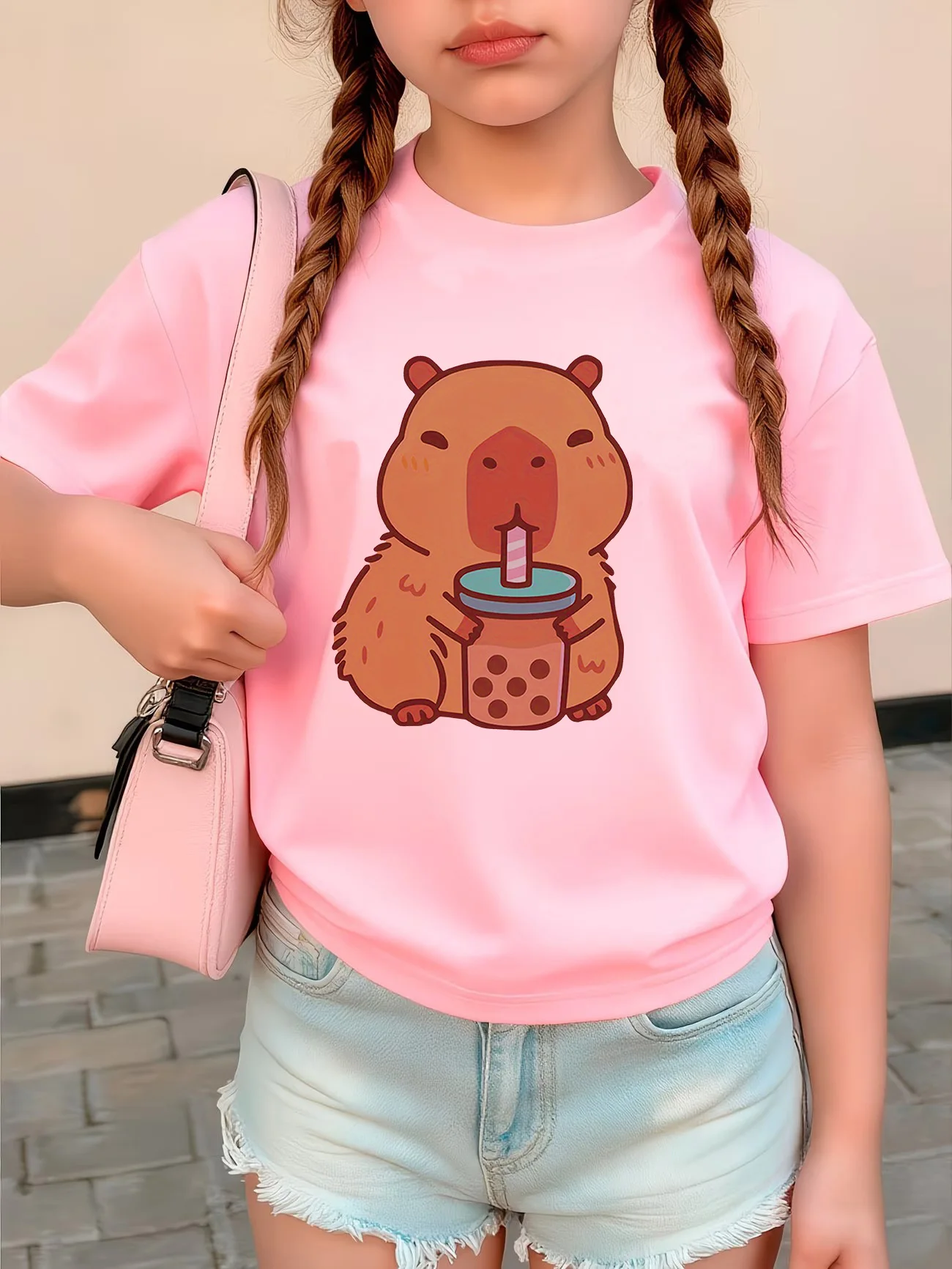 Süßes Capybara-Trinkmilchtee-Grafik-T-Shirt für Mädchen, Kinder-T-Shirt für Jungen und Mädchen, Sommer-Frühlings-Freizeitoberteil