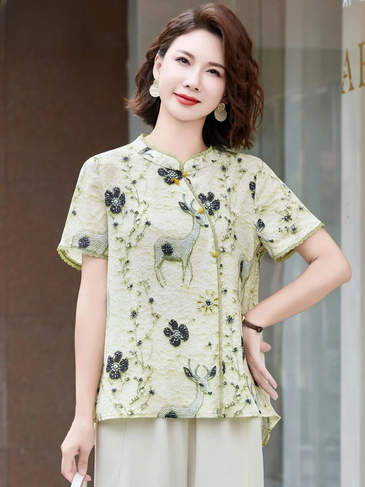 

New Summer Mommy Outfit Chinese Sle National Trend Chiffon Top ort Sve Mid-Aged And ly Women's Faion Loose Fit