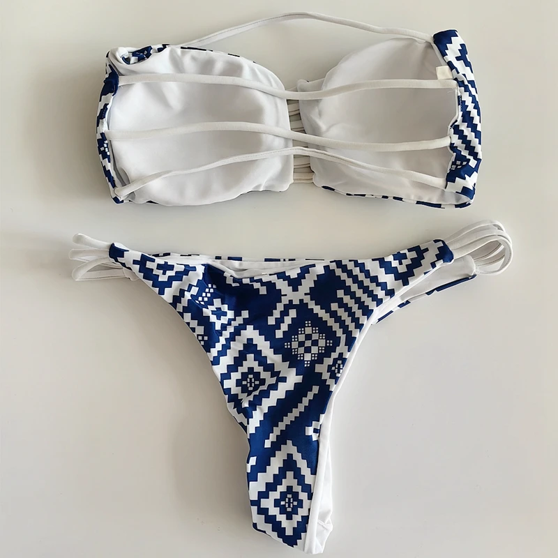 Retro Print Brazilian Swimwear European American Women Bandeau Bikini Set Strapless Bathing Suits Bandage Reversible Swimsuit