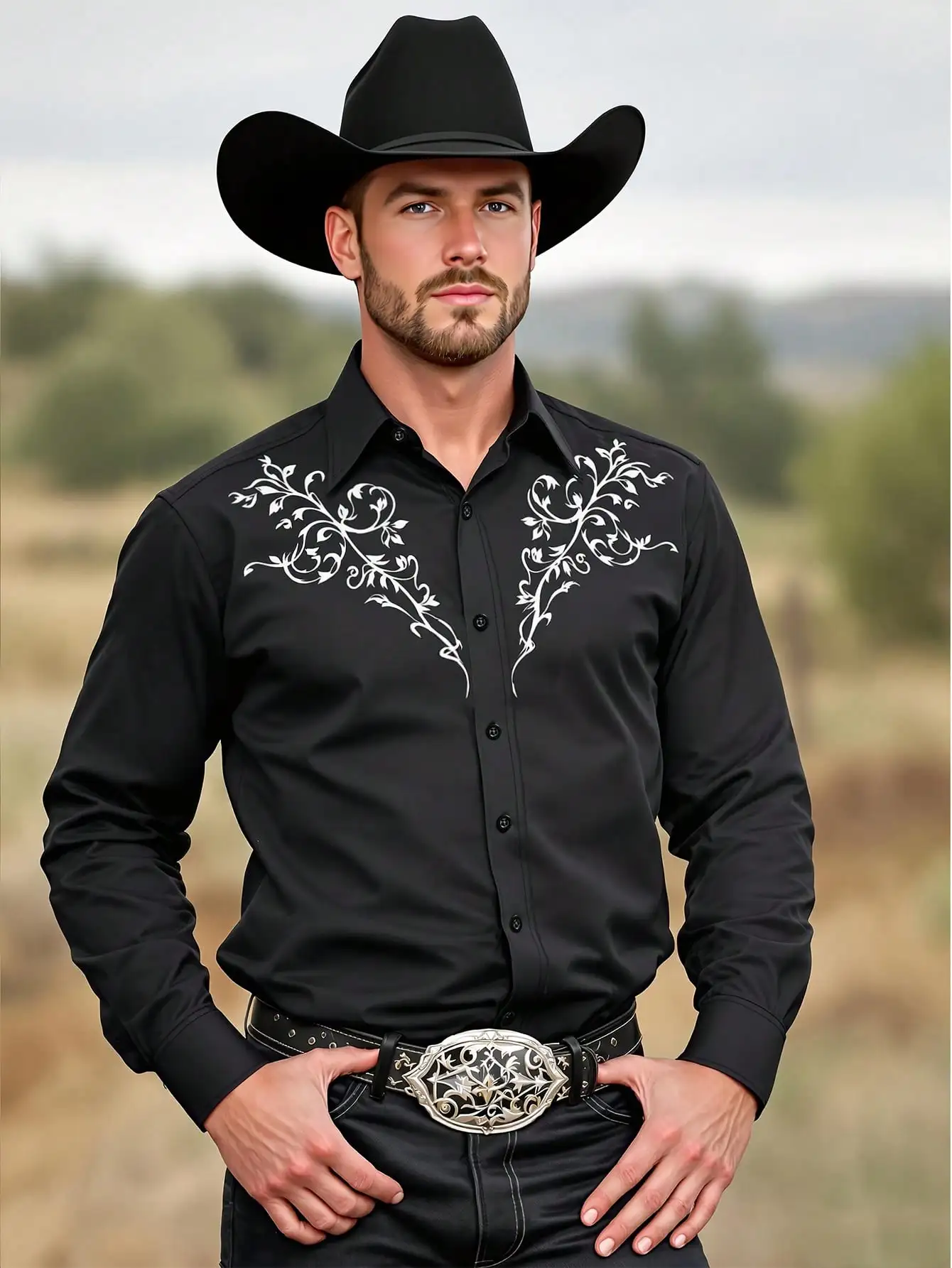 

Men's Black Western-Style Long Sleeve Shirt with White Floral Embroidery