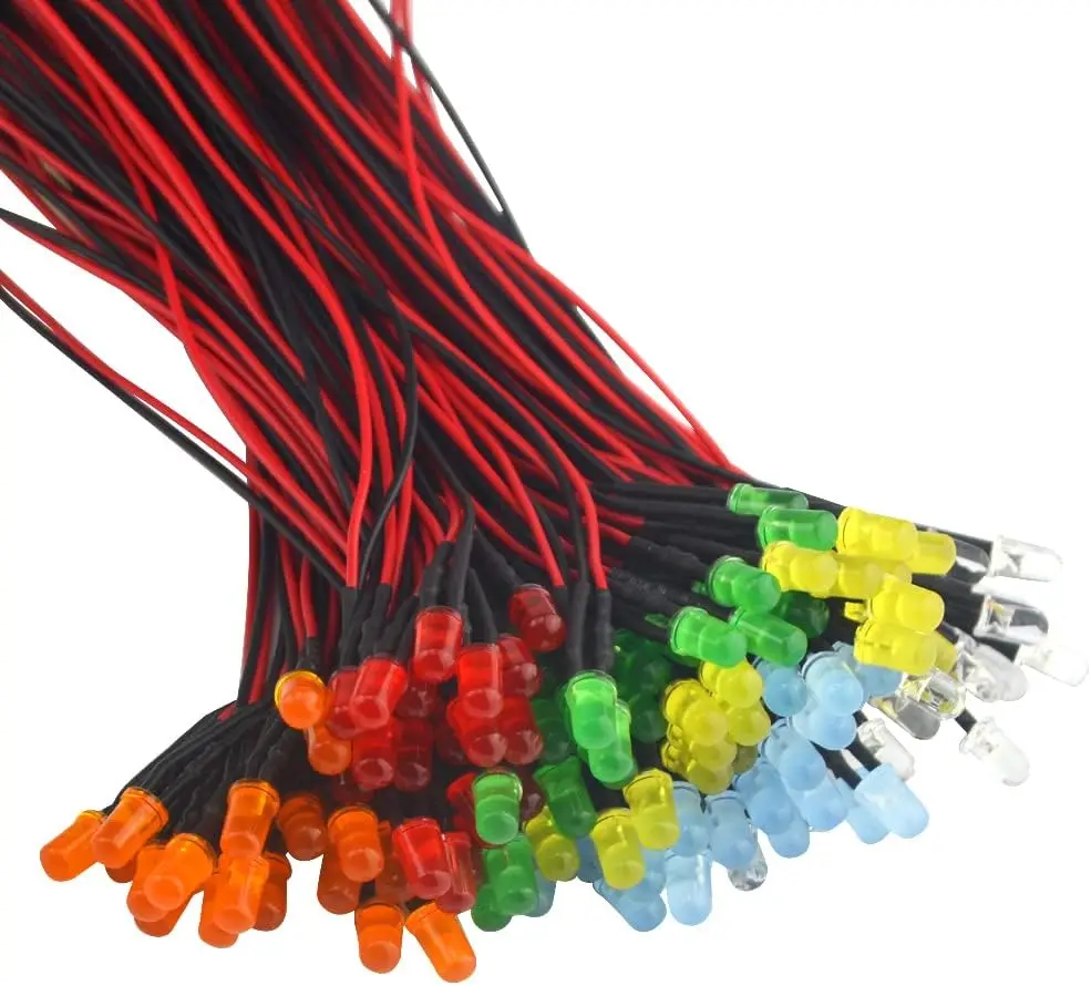 50pcs 12V Light Emitting Diodes Pre Wired 5mm 7.1Inch DC 12 Volts Lamps White Red Green Blue Yellow