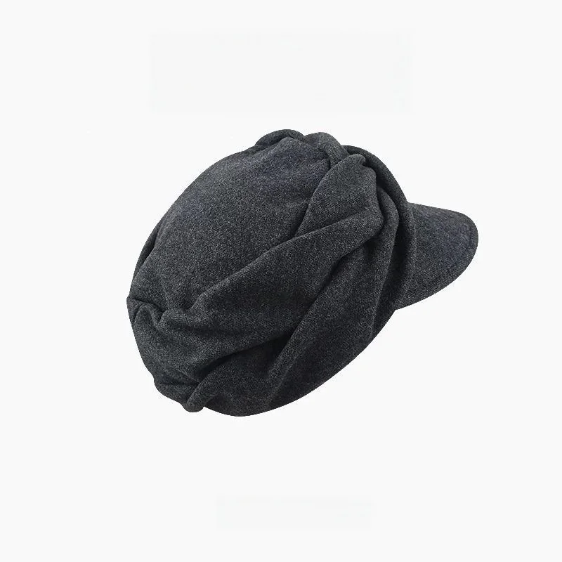 Vintage Soft Tweed Short-Brim Newsboy Hat with Three-Dimensional Pleated Body and Side Button Bow Decoration, Warm Cloud Hat for Girls to Wear in Winter for Outings and Photoshoots
