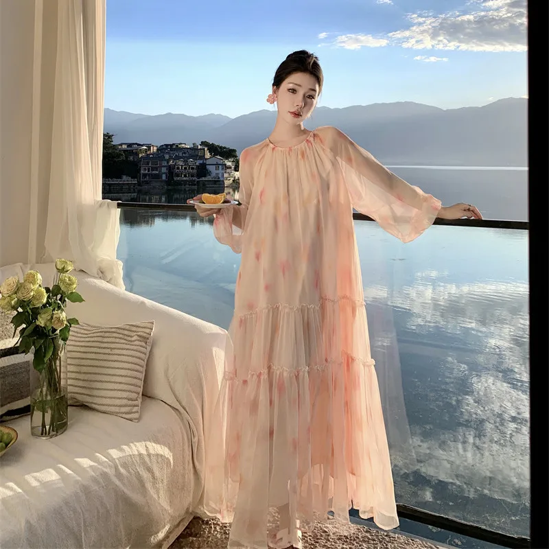 Elegância francesa rosa floral puff manga chiffon em camadas vestidos de balanço para mulheres verão preguiçoso férias praia solto vestido longo