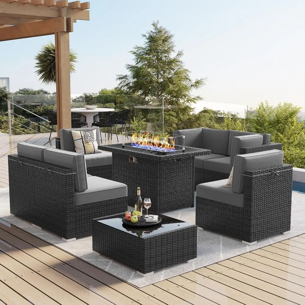 8-Piece Outdoor Wicker Sofa Set with 44 Gas Fire Pit Table and Coffee Table image 2