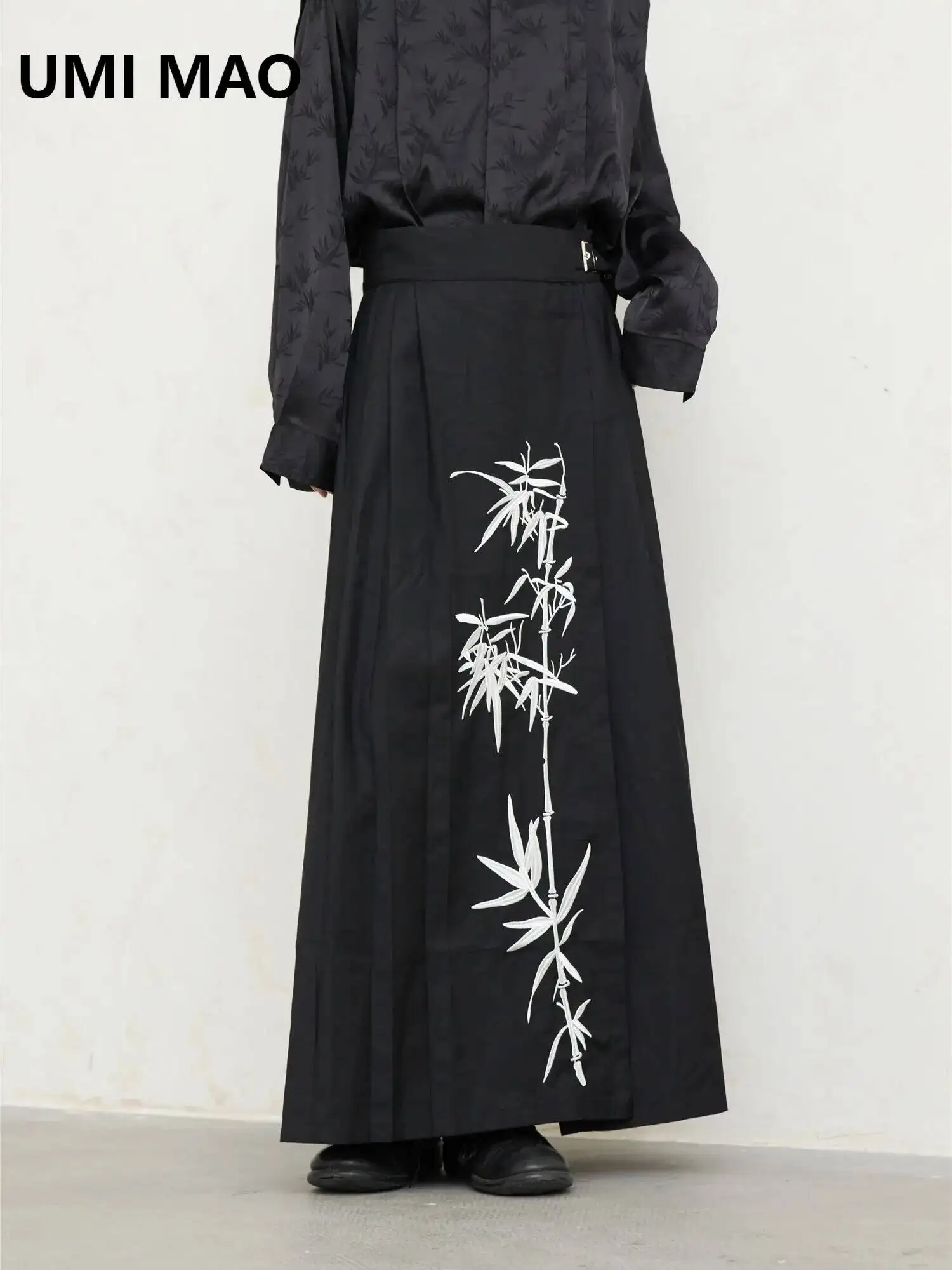 

UMI MAO Yamamoto Юбка с вышивкой «Темная лошадь» Маленький дизайн Китайский бамбуковый лист Ретро Сто сложенная юбка Femme