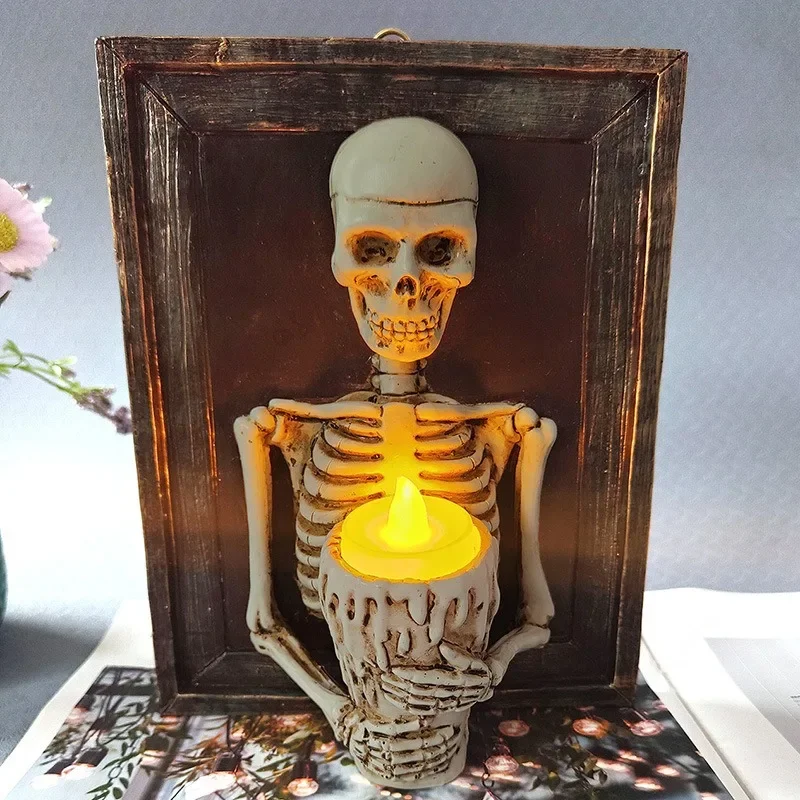 1PC New Halloween Skull Photo Frame Candle Light Resin Material Skeleton Collision Horror Atmosphere Decorative Resin Ornament