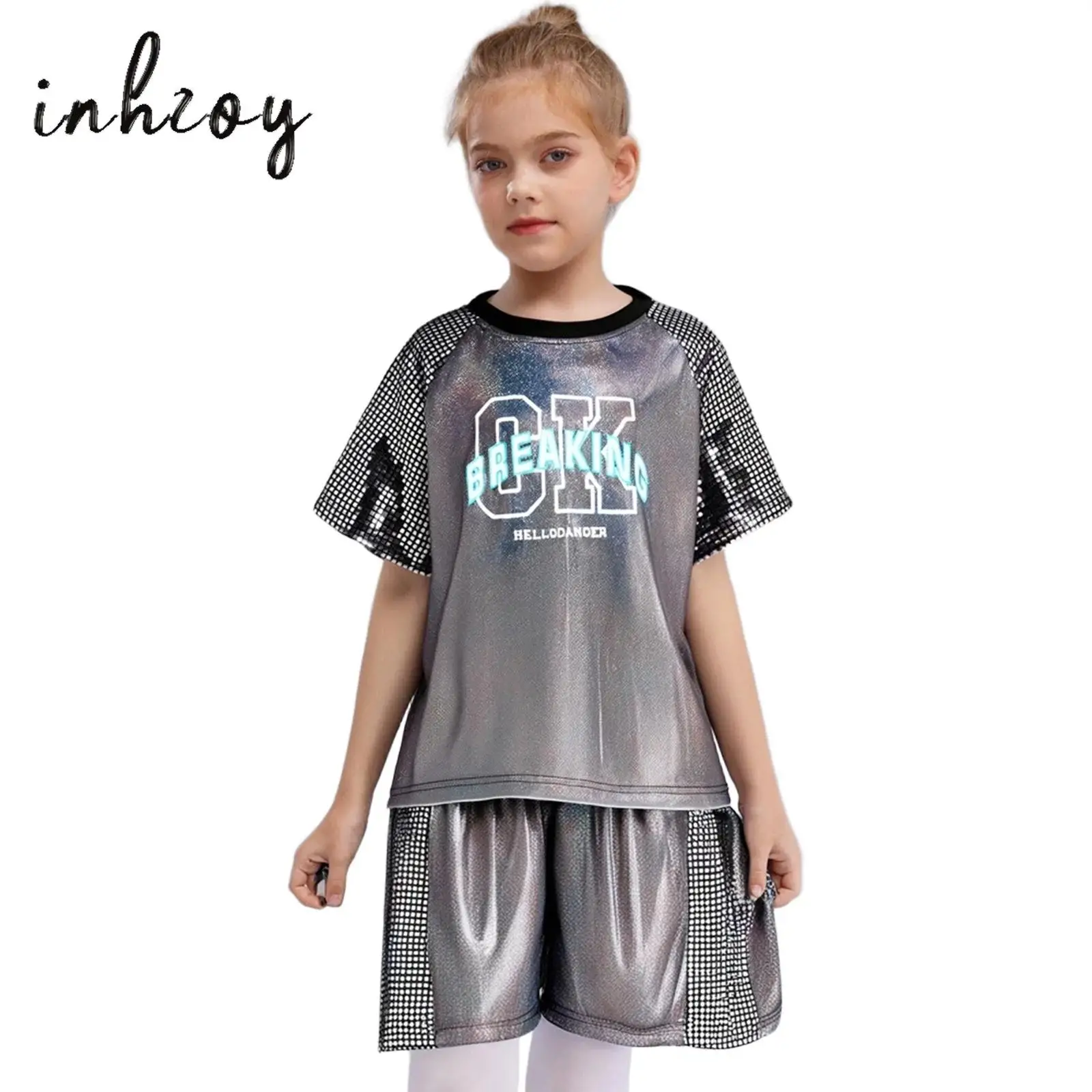 

Kids Girls Boys Hip-Hop Street Dance Outfit Short Sleeve Sparkling Sequins Metallic T-shirt Top+Shorts/Skirts for Performance
