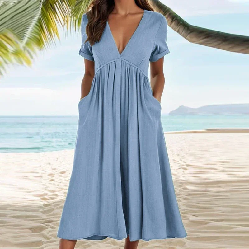 

2024 Summer Solid color Women Dress With Pocket V Neck Short Sleeve A-Line Beach Party Long Dress Women Casual Maxi Dresses Boho