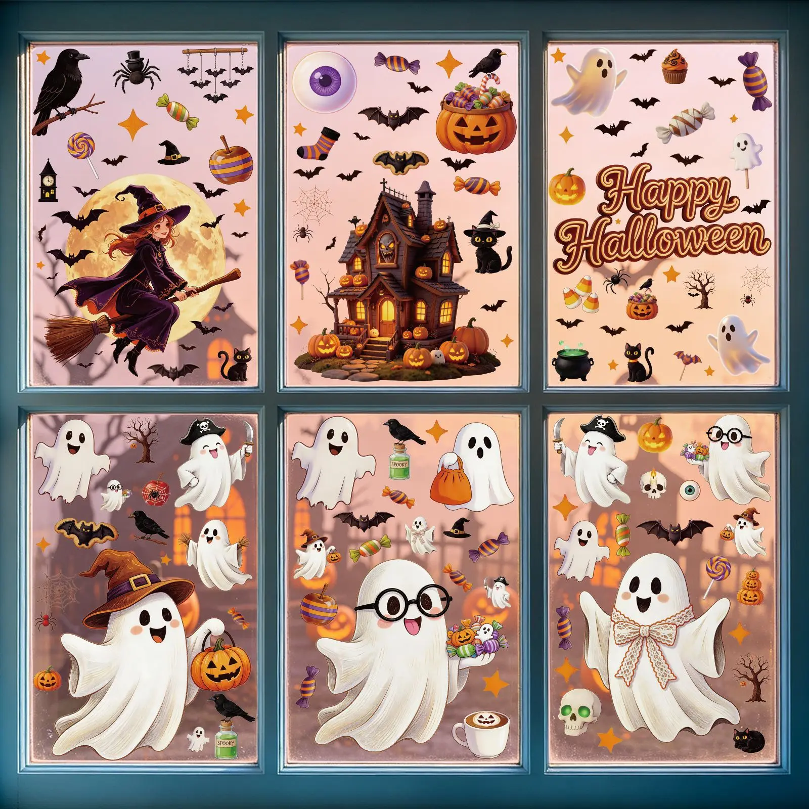 Halloween-Dekoration Fensteraufkleber Weiblicher Geist-Aufkleber Spinnen-Geisterhaus-Dekoration Glastür-Aufkleber