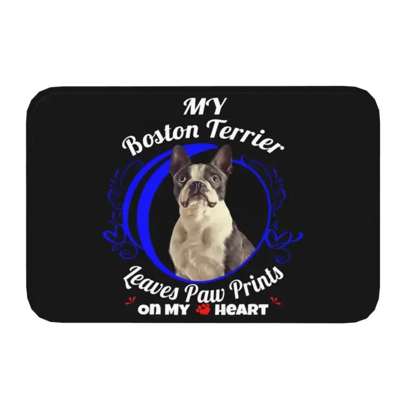 Boston Terrier Dog Owner Paw Prints On My Heart Front Floor Door Entrance Mat Pet Animal Bathroom Kitchen Doormat Carpet Rug