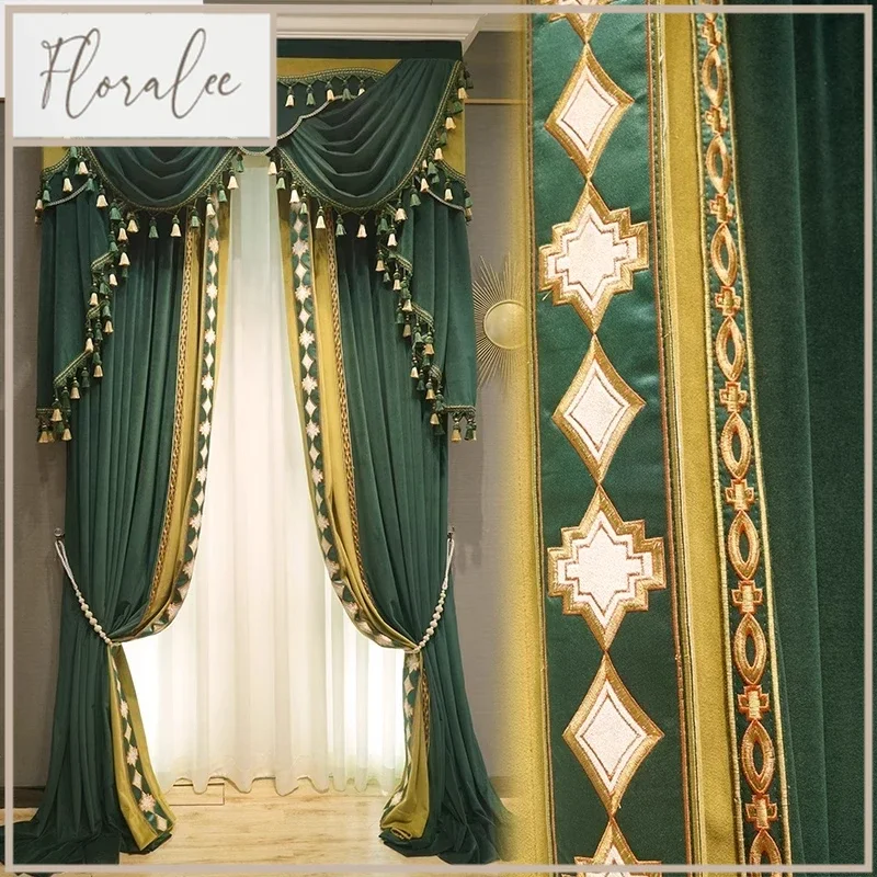 

Dark Green Yellow Embroidery Velvet Patched Curtains For Living Room Bedroom French Window Villa Custom Product Valance
