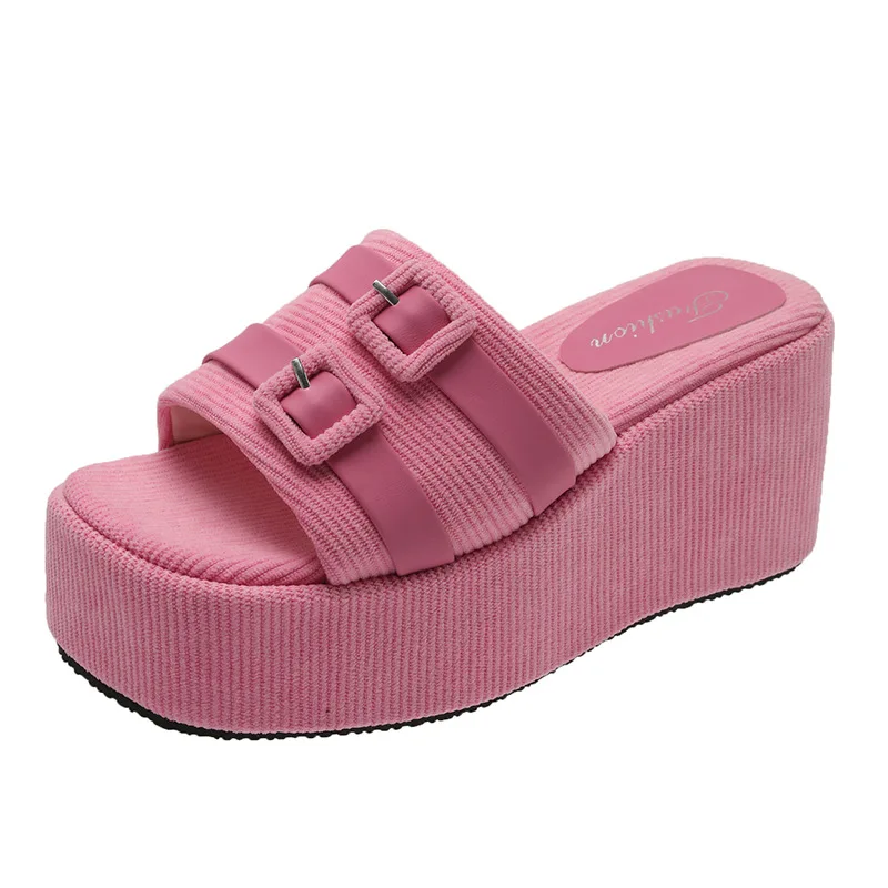 Small Fragrant Style Fashionable Slop Heel Beach Slippers Fashionable Small Buckle Roman Slippers