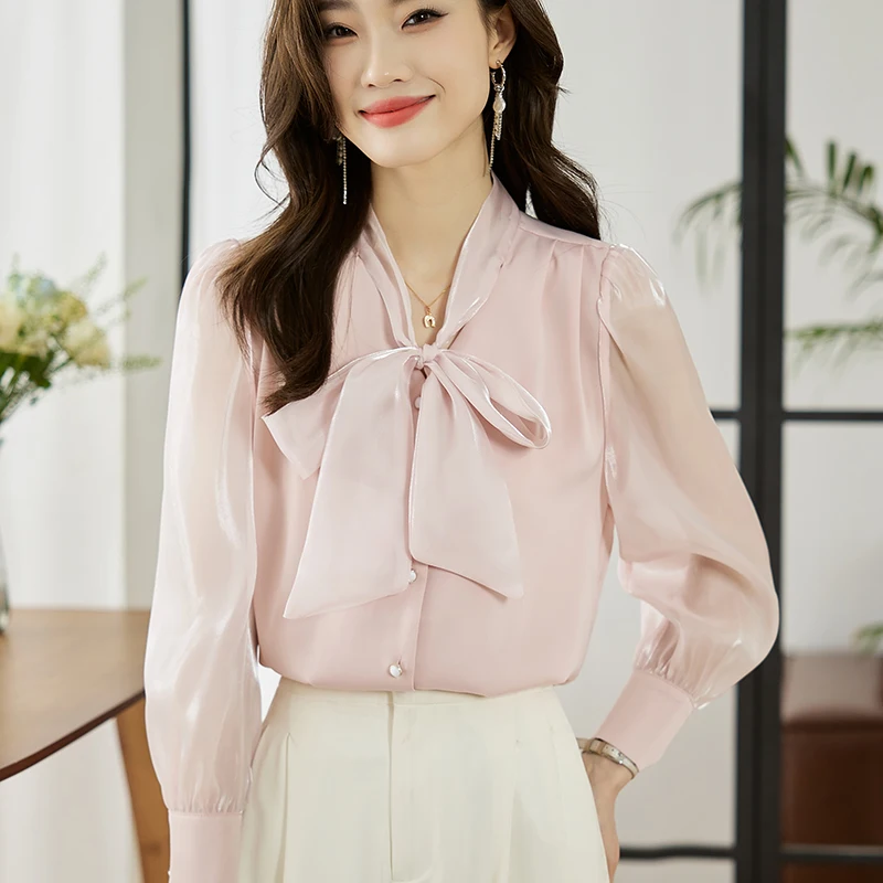 

Women's Shirt Solid Color V-neck Lace-up Long Sleeve Chiffon Shirt Organza Single Breasted Top