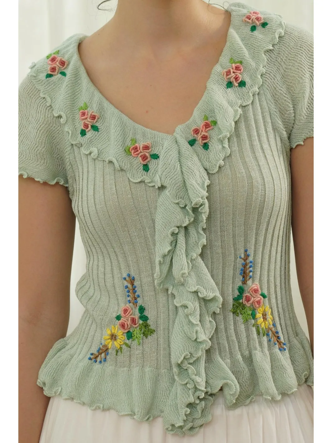 62-100cm Bust Spring Summer Knitted Tops Women Mori Style French Elegant Hand-Embroidered 3D Ruffle Flounce Slim-Fit T-Shirts