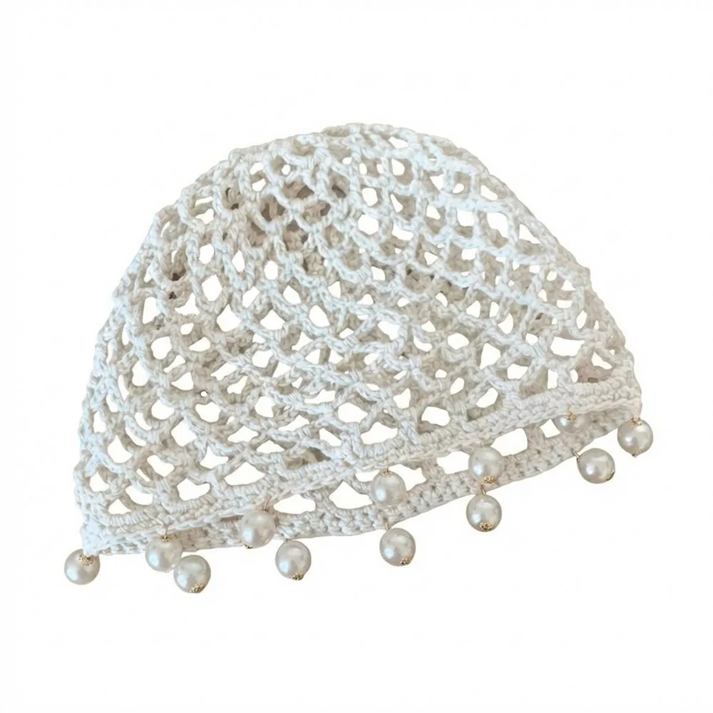 

Casual Hollowed Out Knitted Hat Pearl Fringed Handmade Crochet Hat Round Beads Beret Cap Fashion Headwear