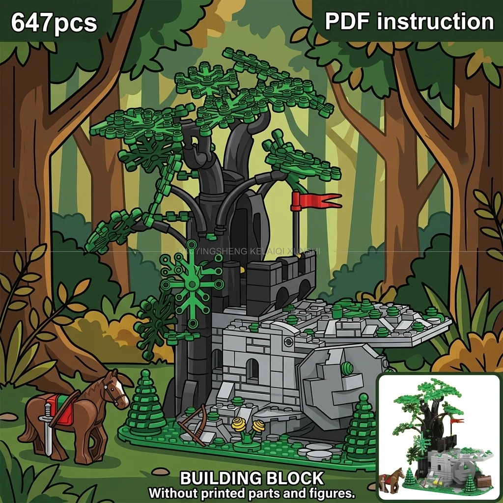 

MOC Medieval Forest Castle Outpost Building Blocks Ranger Camouflage Stronghold Adult Brick Set Diorama Display Architecture