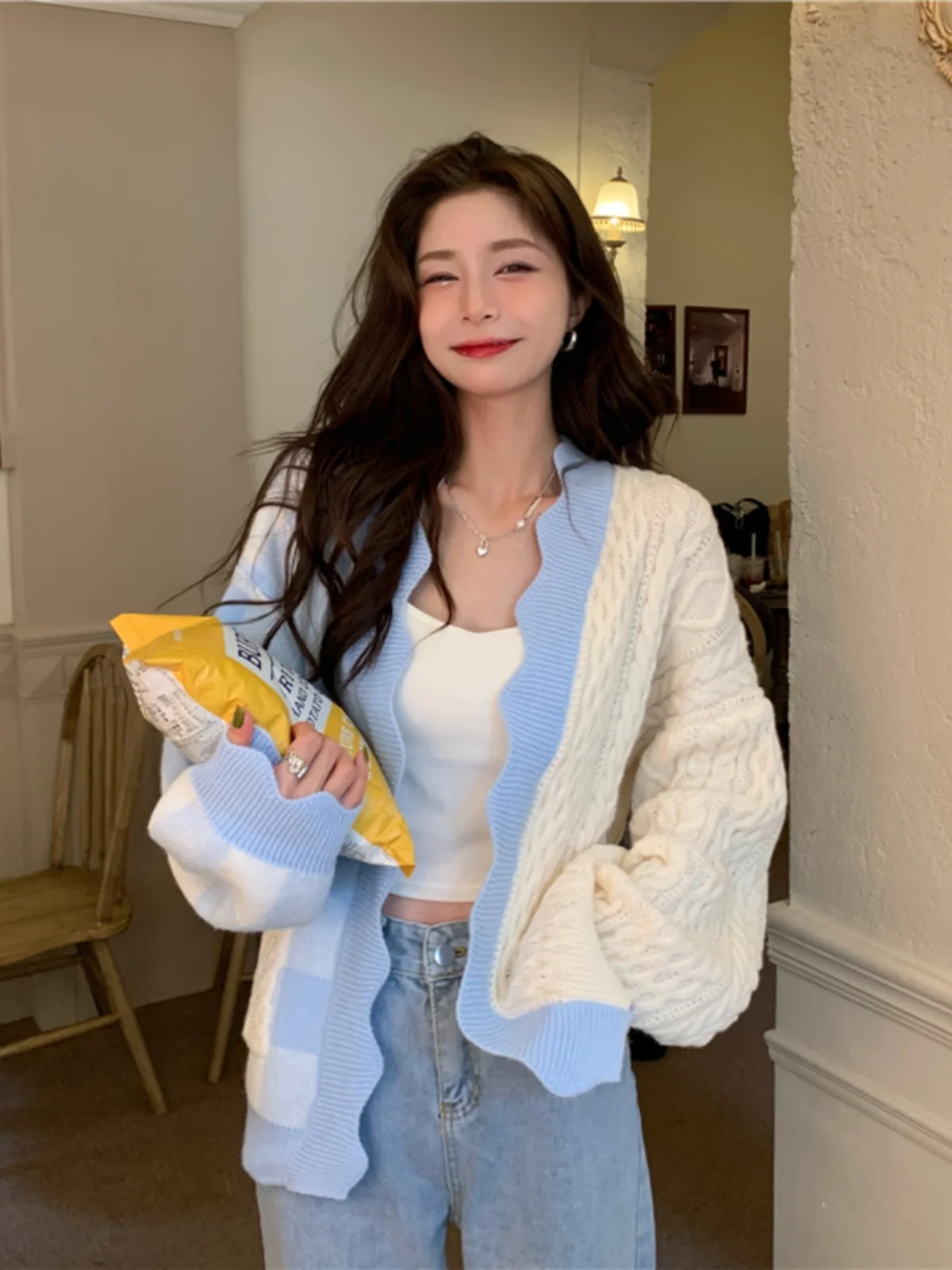 Blue Spliced Color Cardigan Sweater For Women Autumn Winter Knitted  Sweet Top Japanese Style Female Pink Mid-Length Wear Coat