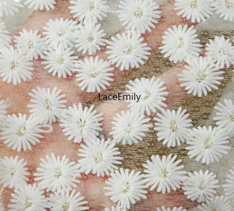 1 Yard Daisy Embroidered Lace Fabric Light Blue Daisy Flower tulle for Bridal Dress Wedding Dress 51