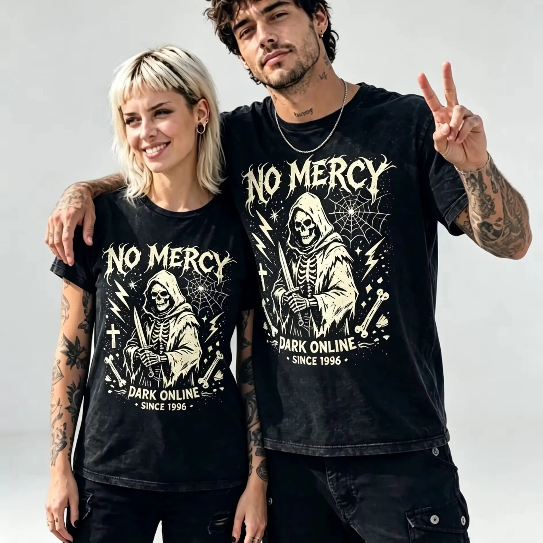 Unisex No Mercy Grim Reaper Skeleton Graphic T‑Shirt, Vintage Gothic Spider Web Cross Bone Rock Art Print Casual Tops