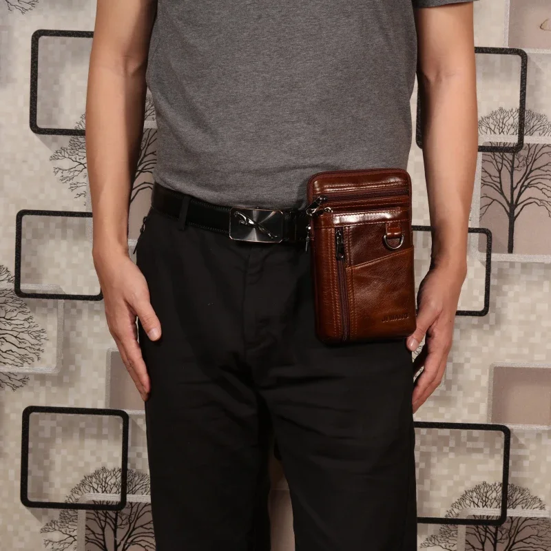 Genuine Leather Men Waist Hook Shoulder Bags Casual Small CrossBody Male Natural Skin Hip Bum Cell Phone Case Belt Fanny Pack