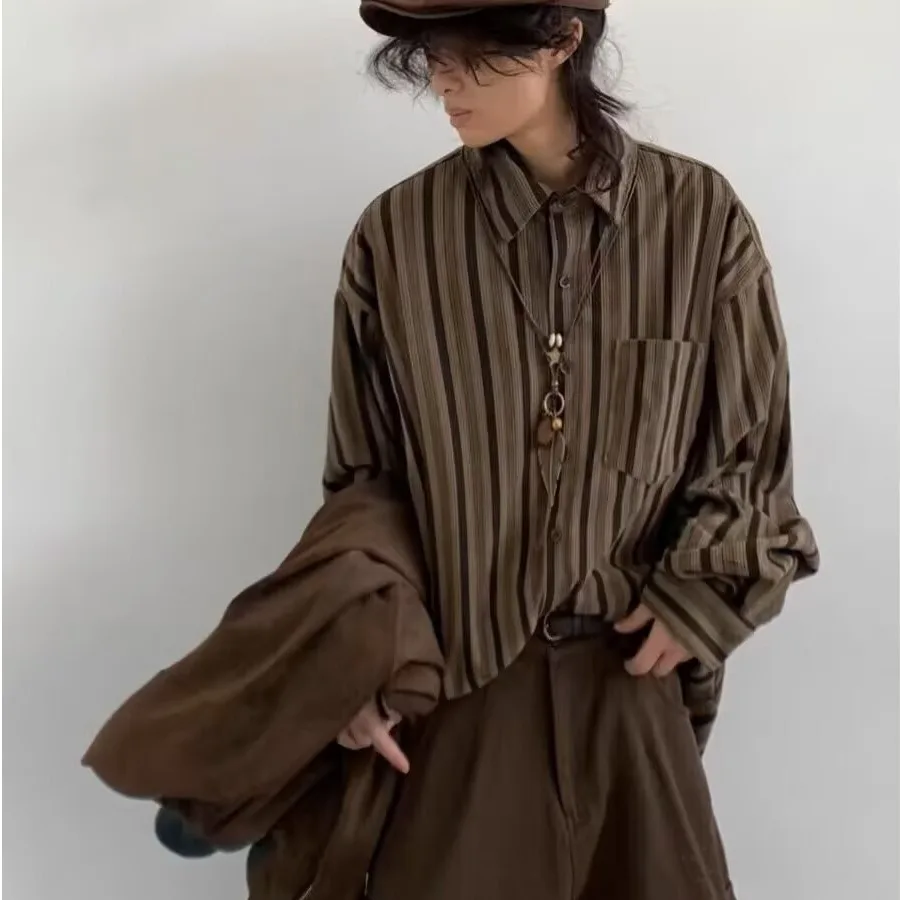 Loose Casual Men's Long Sleeve Shirt Vintage Vertical Stripes Workwear Brown Spring Autumn Japanese Style Loose Fit College S...
