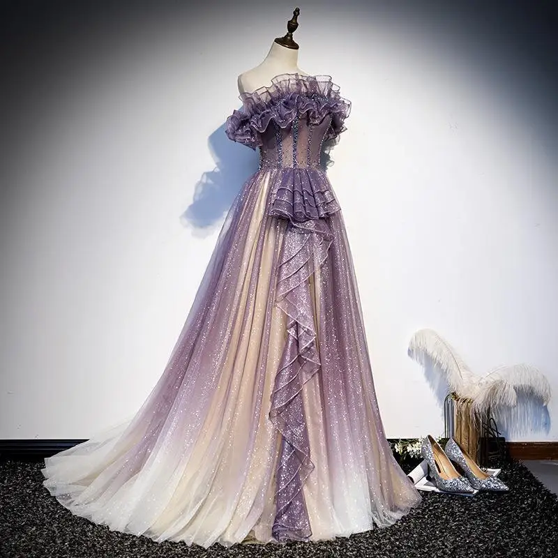 

Purple Evening Dress 2025 New Spring/Summer Women's One Shoulder Elegant Temperament Long Style Cantata Performance Dress