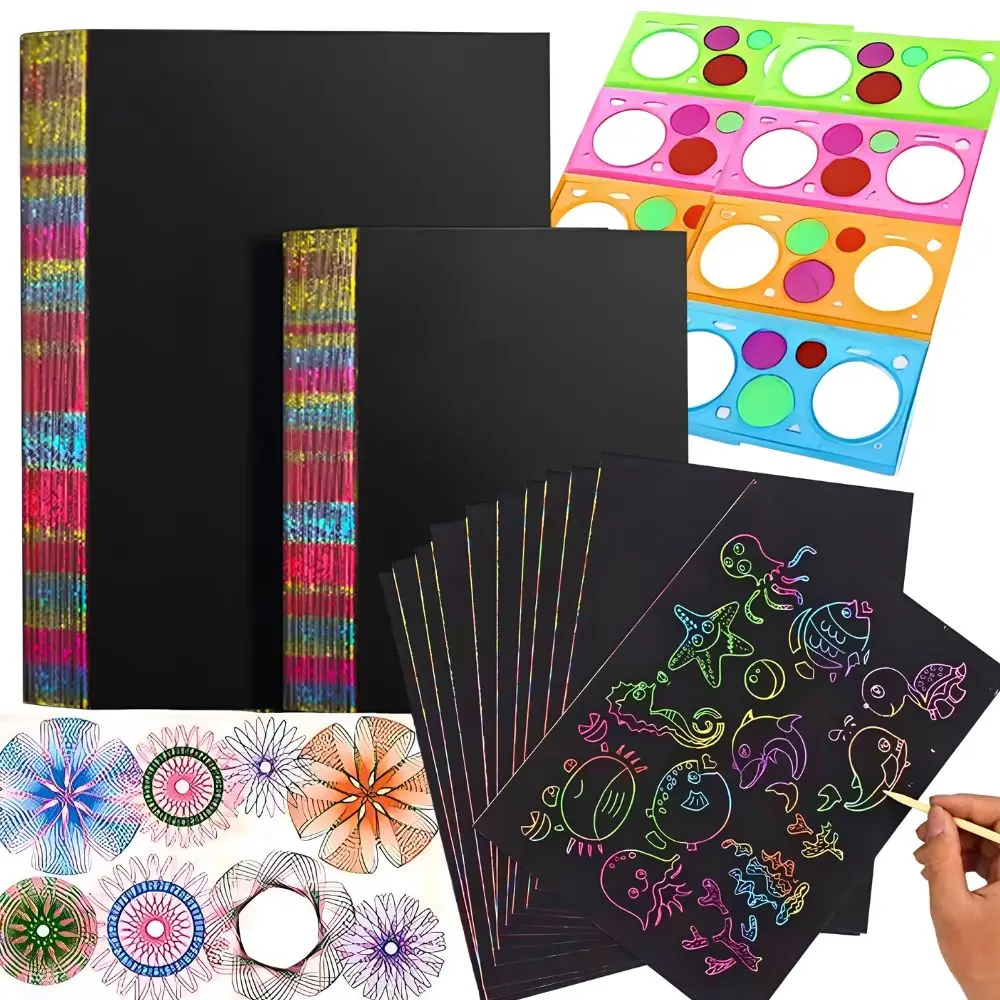 Juego de 11 piezas: 10 papeles de rascar 16K/32K y 1 set de plantillas Spirograph azules/rosas, kit de arte y manualidades DIY para dibujar, regalo de cumpleaños YMY