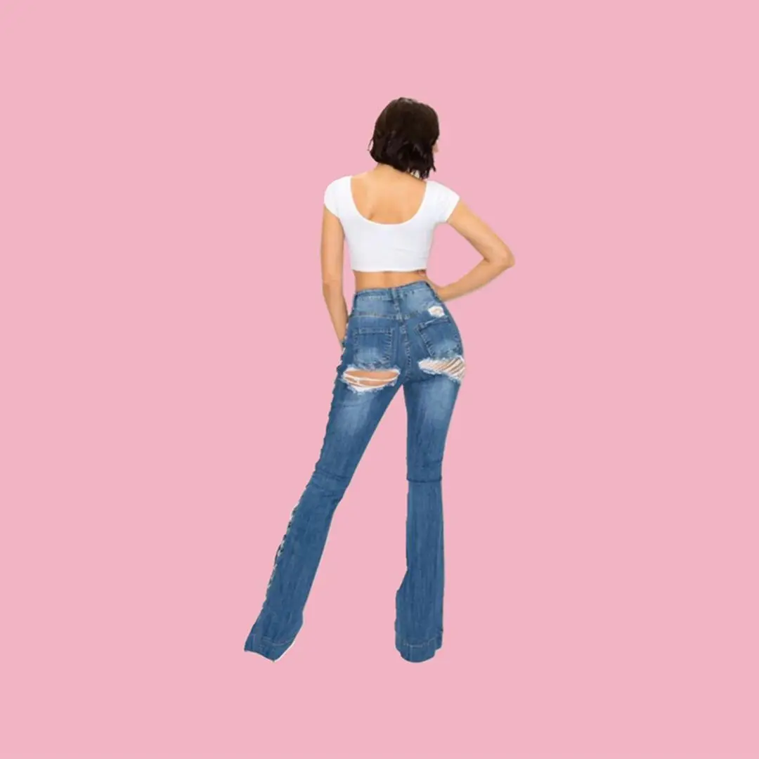 Jean déchiré en Denim pour femme, pantalon à siège ouvert, Sexy, extensible, évasé, jambes larges, avec poches, offre spéciale