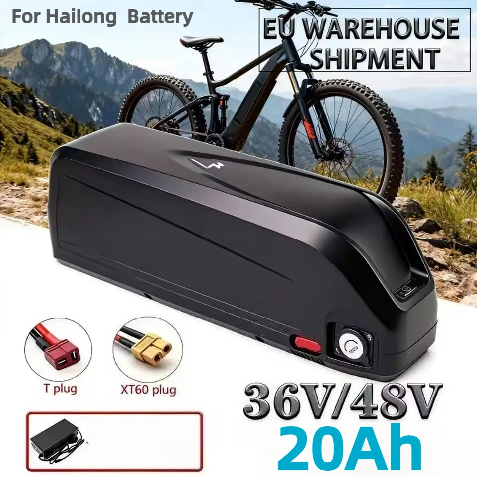 Hailong 36V 48V 20Ah Herausnehmbarer Lithium-E-Bike-Akku, Wasserdichter Hochleistungs-Elektrofahrrad-Akku, Konvertierbarer XT60-T-Stecker-Adapter + Vollständiges Ladegerät, EU-Lager,
