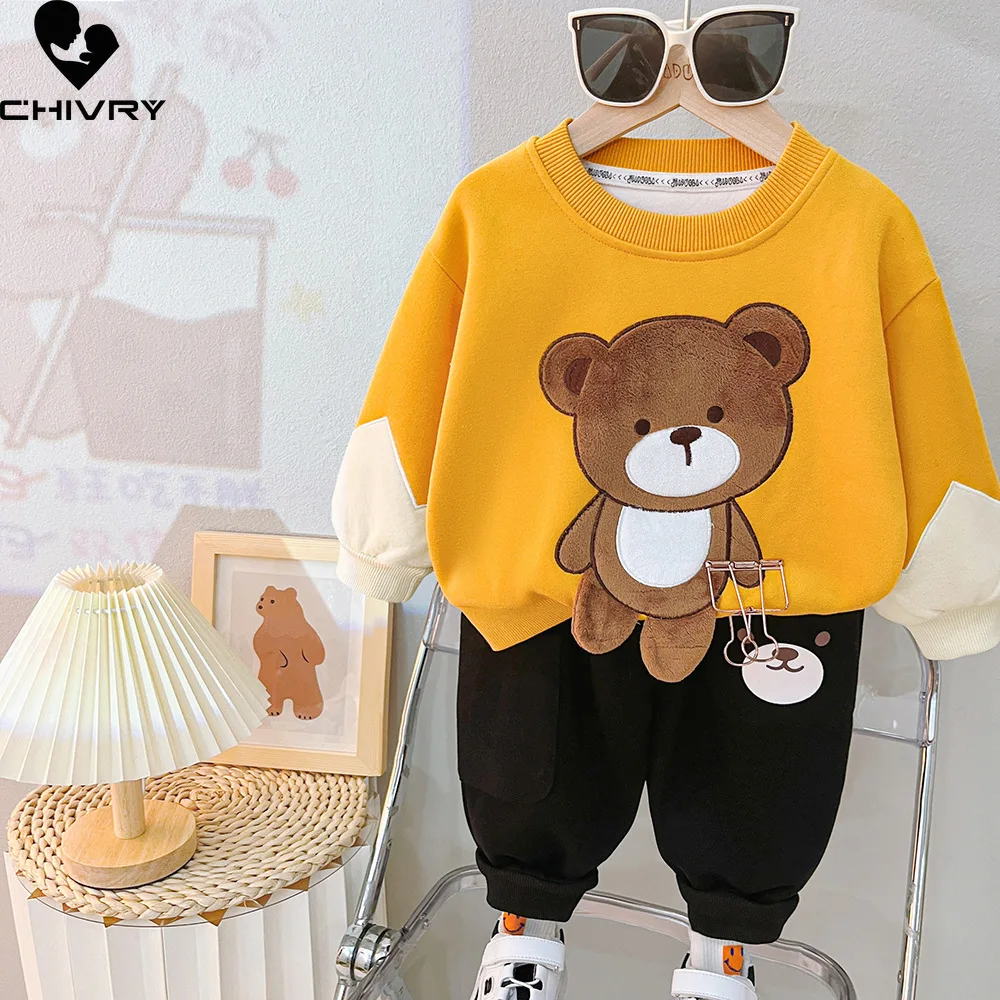 New Spring Autumn Baby Cute Cartoon Bear Long Sleeve Fashion Pullover Sweatshirt Tops with Pants Kids Boys Casual Clothing Sets