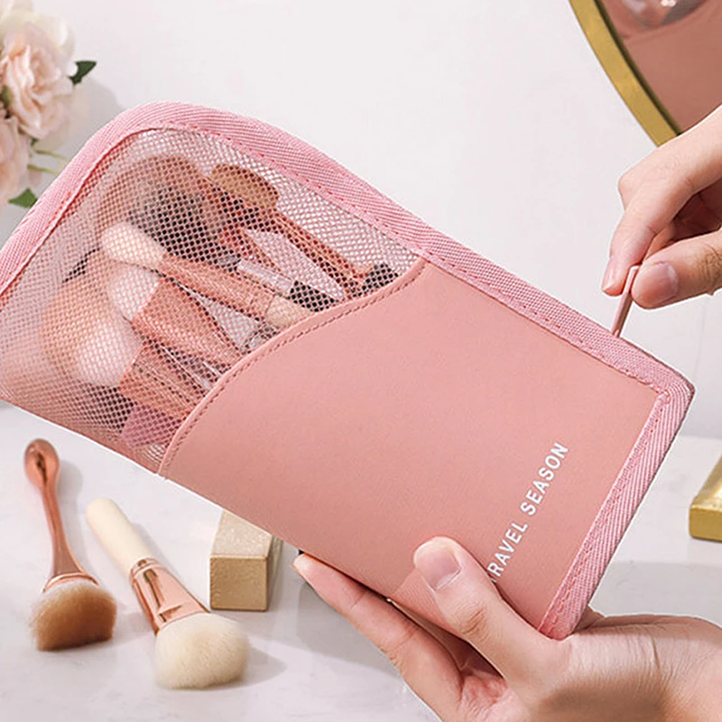 Tas penyimpanan kuas Makeup Desktop, tas perlengkapan mandi pensil alis, tas penyimpanan kapasitas besar, perjalanan portabel gaya sederhana desain ritsleting