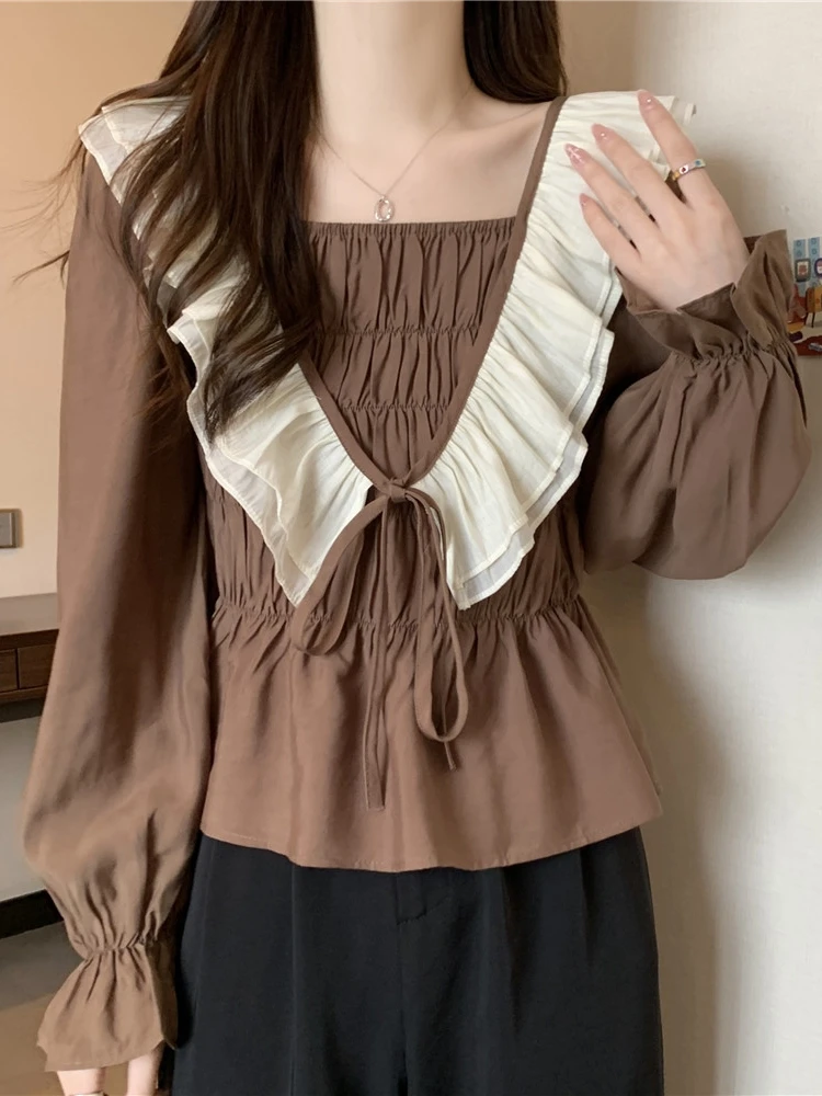 

Slimming plus Size Women's Long Sve irt Spring Autumn Plaet Design Korean Sle Loose Fit Blouse with Pleats And Lace ...