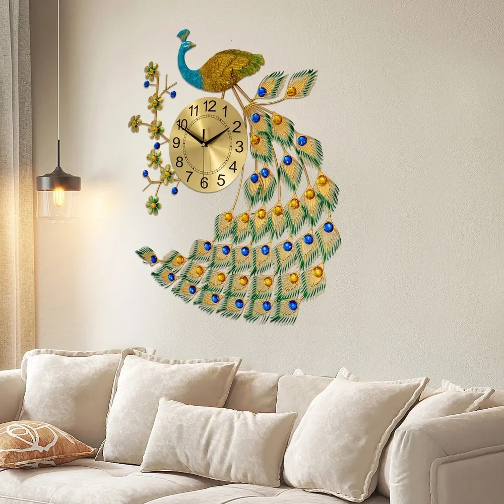 

Luxury Peacock Large Wall Clock Metal Living Room 3D Wall Watch Home Decor Gift