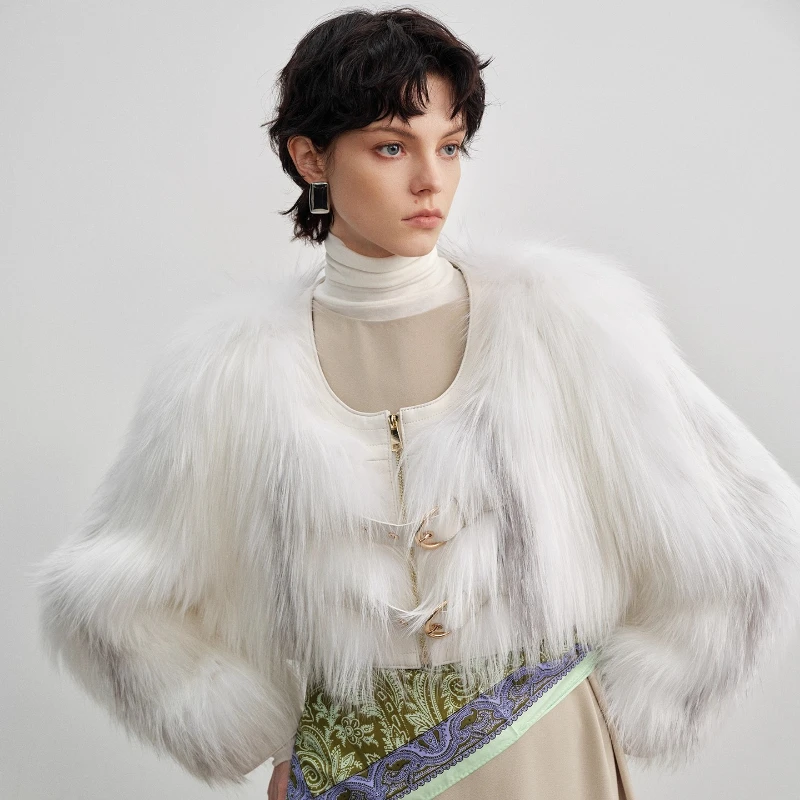 YOLANFAIRY 가을 겨울 수입 여우털 직조 리얼 퍼 코트 라운드넥 긴팔 숏 퍼 재킷 여성용 2025