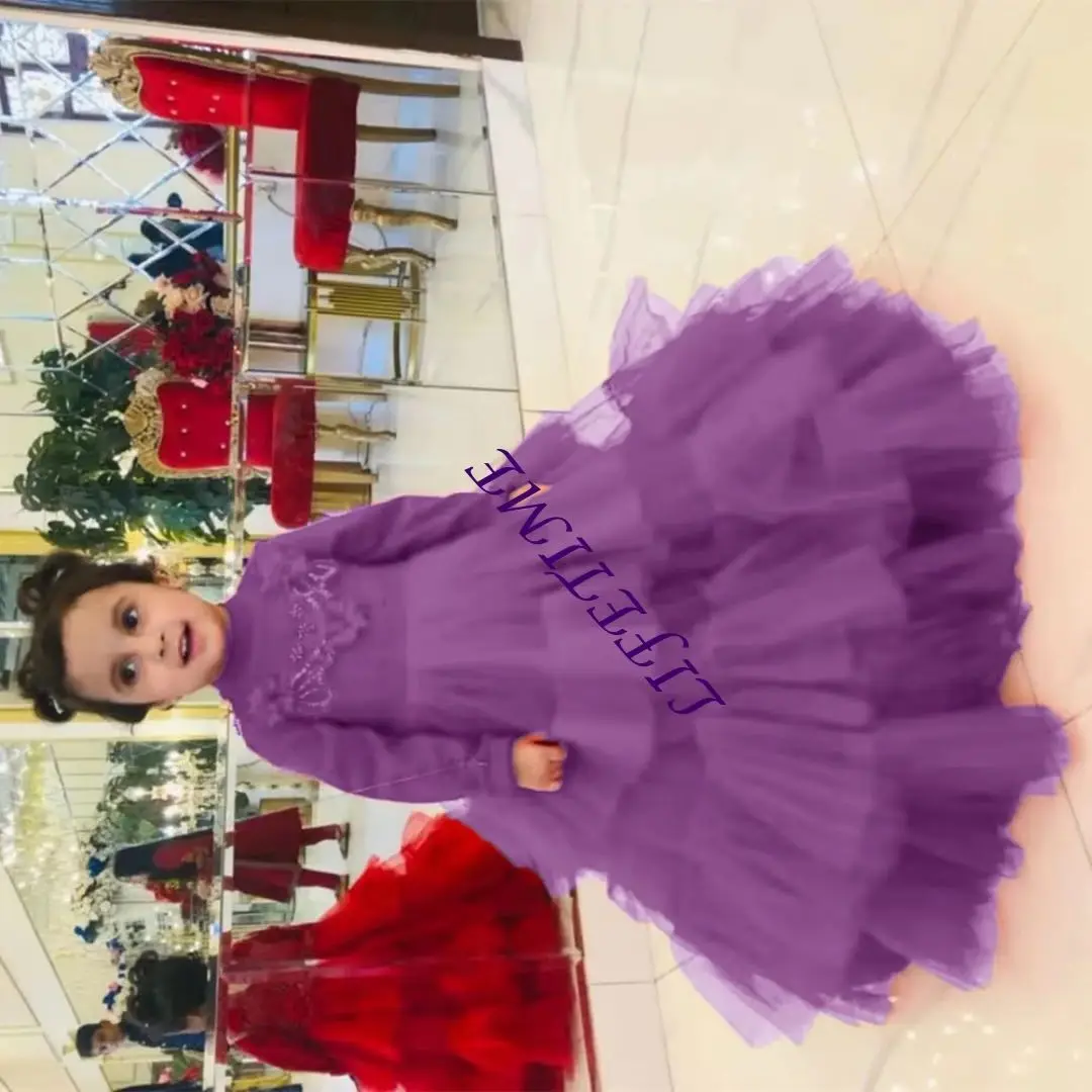 Cristalli O Collo Applique Manica lunga Una linea Piega Abito da ragazza di fiori Lunghezza pavimento Elegante abito da prima comunione Personalizzato