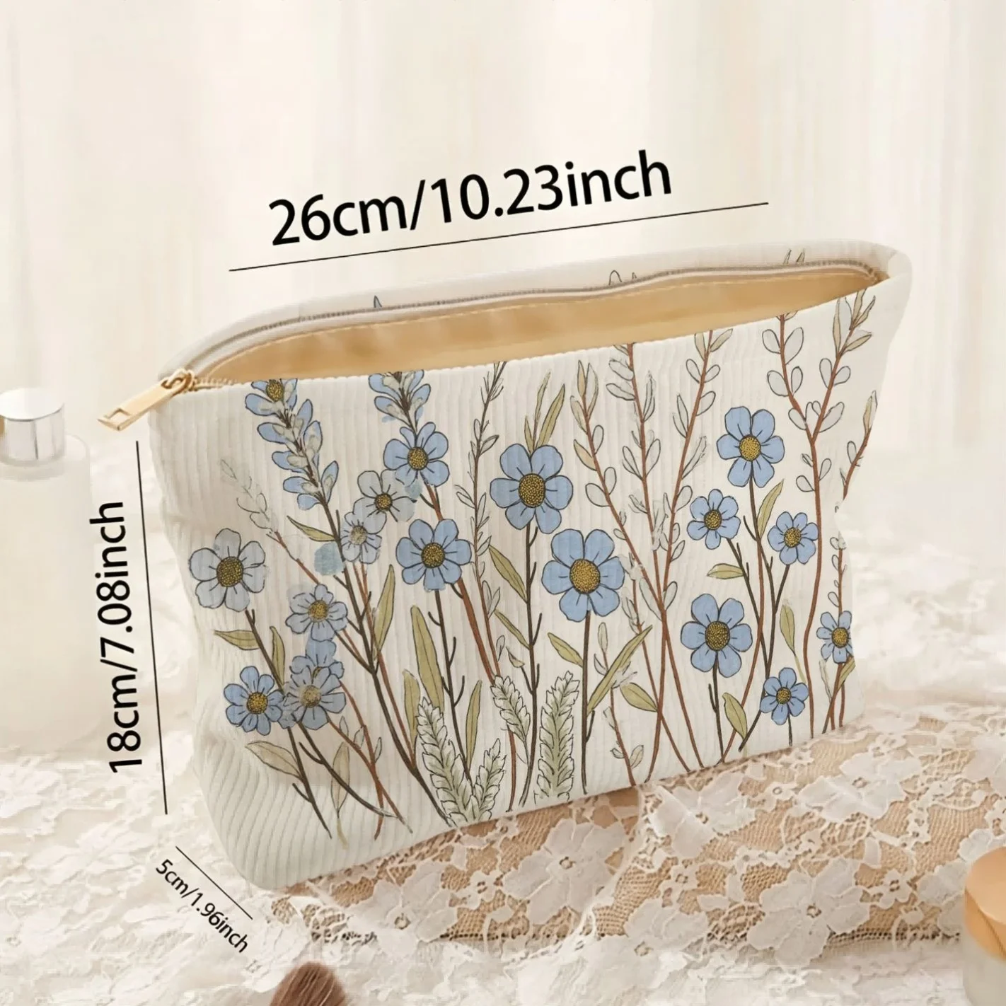 Floral Print Corduroy Makeup Bag - Large Capacity Zipper Pouch, Aesthetic Cosmetic Organizer, Soft Textured Portable Storage Bag