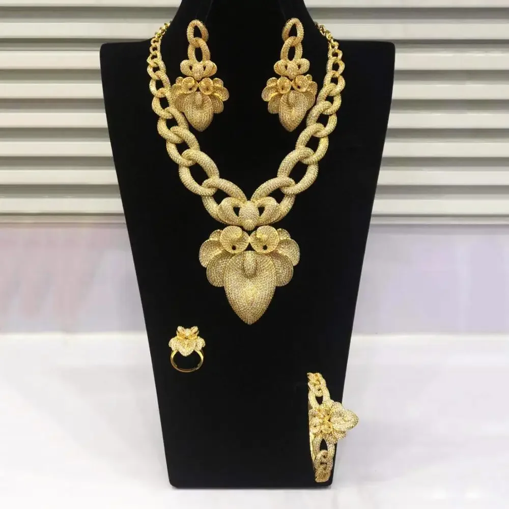 

JImbora Luxury Statement Necklace Earring Bangle Ring Sets Dubai Jewelry Sets For Women Cubic Zircon Wedding Bridal Jewelry Set