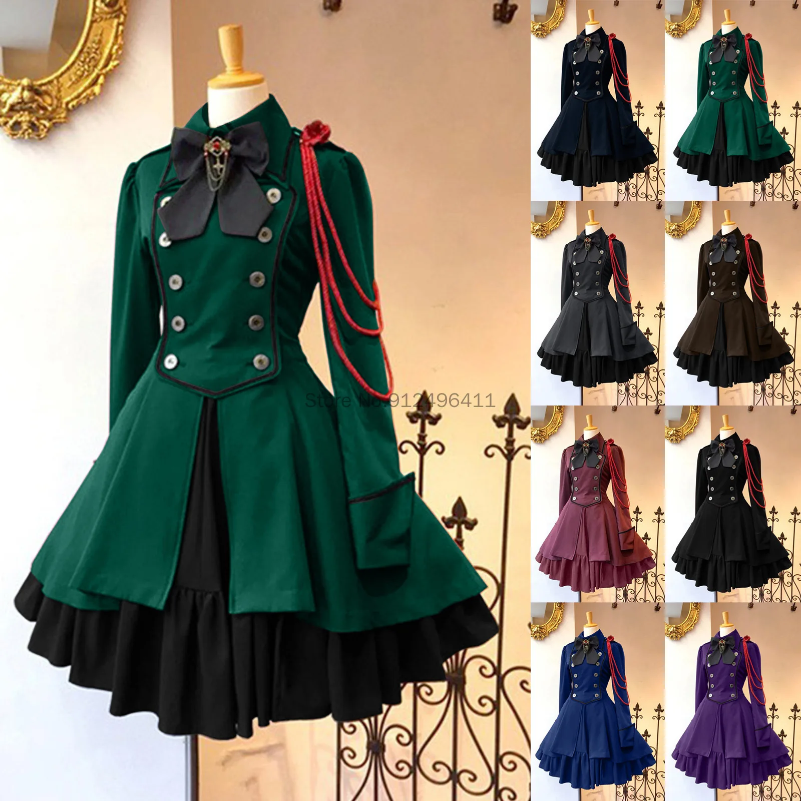 Dames Middeleeuwse Steampunk Classic Retro Lolita Jurk Gothic Zwart Kanten Ketting Strik Jas Lange Mouwen Ruche Dame Slim Kostuum