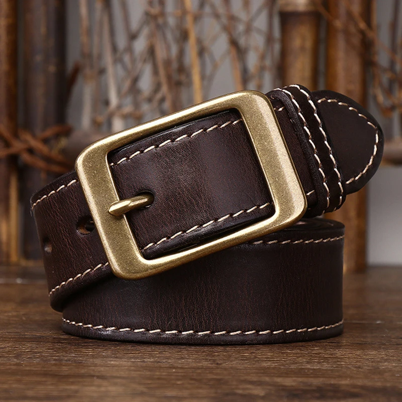 3.8 Cm Thickened Pure Cowhide Genuine Leather for Men's High Quality Jeans Brass Buckle Belts Cowboy Waistband Male Designer